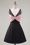 Black Pink A-Line V-Neck Short Homecoming Dress with Rhinestones