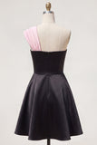 Black Pink A-Line One Shoulder Short Homecoming Dress with 3D Flower