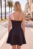 Black Pink A-Line One Shoulder Short Homecoming Dress with 3D Flower