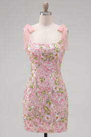 Romantic Pink Sequin Floral Embroidered Homecoming Dress with Bow Straps