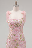 Romantic Pink Sequin Floral Embroidered Homecoming Dress with Bow Straps