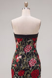 Strapless Red Rose Embroidered Black Bodycon Homecoming Dress