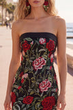 Strapless Red Rose Embroidered Black Bodycon Homecoming Dress