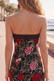 Strapless Red Rose Embroidered Black Bodycon Homecoming Dress