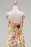Yellow Square Neck Bodycon Floral Homecoming Dress with Embroidery