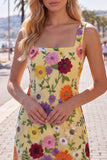 Yellow Square Neck Bodycon Floral Homecoming Dress with Embroidery