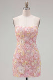 Pink Strapless Floral Short Bodycon Homecoming Dress with Beading