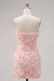 Pink Strapless Floral Short Bodycon Homecoming Dress with Beading