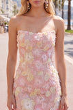 Pink Strapless Floral Short Bodycon Homecoming Dress with Beading