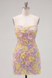 Pink Strapless Floral Short Bodycon Homecoming Dress with Beading