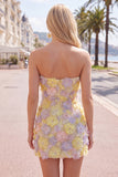 Pink Strapless Floral Short Bodycon Homecoming Dress with Beading