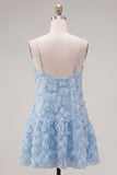 A-Line Blue Spaghetti Straps 3D Floral Homecoming Dress with Beading