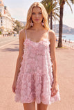 A-Line Blue Spaghetti Straps 3D Floral Homecoming Dress with Beading