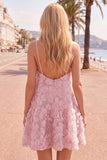 A-Line Blue Spaghetti Straps 3D Floral Homecoming Dress with Beading