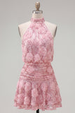 Pink A-Line Halter Neck Sequins Short Homecoming Dress with 3D Flowers