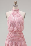 Pink A-Line Halter Neck Sequins Short Homecoming Dress with 3D Flowers