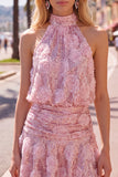 Pink A-Line Halter Neck Sequins Short Homecoming Dress with 3D Flowers
