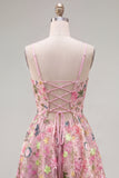 Pink A-Line Spaghetti Straps Lace Up Back Floral Homecoming Dress with Embroidery