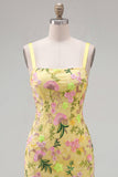Yellow Bodycon Floral Embroidered Ruffled Homecoming Dress with Lace Up Back