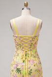 Yellow Bodycon Floral Embroidered Ruffled Homecoming Dress with Lace Up Back