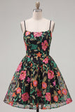 A-Line Black Red Flower Embroidered Homecoming Dress with Lace Up Back