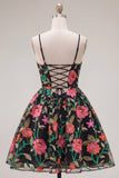 A-Line Black Red Flower Embroidered Homecoming Dress with Lace Up Back
