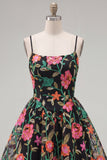 A-Line Black Red Flower Embroidered Homecoming Dress with Lace Up Back