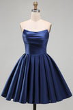 Mint A-Line Strapless Satin Ruched Cocktail Dress