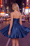 Mint A-Line Strapless Satin Ruched Cocktail Dress