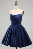 Mint A-Line Strapless Satin Ruched Cocktail Dress