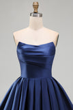 Mint A-Line Strapless Satin Ruched Cocktail Dress