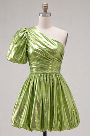 Green A-Line One Shoulder Ruched Metallic Homecoming Dress