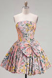 A-Line Grey Corset Floral Strapless Jacquard Homecoming Dress with Bow