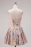 A-Line Grey Corset Floral Strapless Jacquard Homecoming Dress with Bow