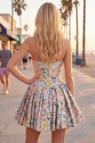 A-Line Grey Corset Floral Strapless Jacquard Homecoming Dress with Bow