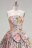 A-Line Grey Corset Floral Strapless Jacquard Homecoming Dress with Bow