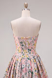 A-Line Grey Corset Floral Strapless Jacquard Homecoming Dress with Bow