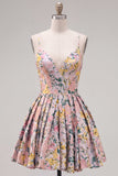 A-Line Grey Floral Spaghetti Straps Backless Short Homecoming Dress