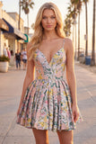 A-Line Grey Floral Spaghetti Straps Backless Short Homecoming Dress