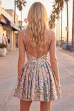 A-Line Grey Floral Spaghetti Straps Backless Short Homecoming Dress