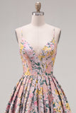 A-Line Grey Floral Spaghetti Straps Backless Short Homecoming Dress
