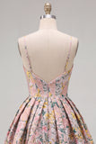 A-Line Grey Floral Spaghetti Straps Backless Short Homecoming Dress
