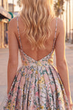 A-Line Grey Floral Spaghetti Straps Backless Short Homecoming Dress