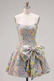Strapless A-Line Grey Floral Jacquard Short Homecoming Dress with Bow