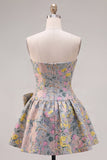 Strapless A-Line Grey Floral Jacquard Short Homecoming Dress with Bow
