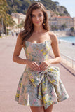 Strapless A-Line Grey Floral Jacquard Short Homecoming Dress with Bow
