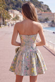 Strapless A-Line Grey Floral Jacquard Short Homecoming Dress with Bow