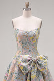 Strapless A-Line Grey Floral Jacquard Short Homecoming Dress with Bow