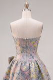 Strapless A-Line Grey Floral Jacquard Short Homecoming Dress with Bow