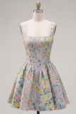 Grey Square Neck A-Line Floral Corset Jacquard Homecoming Dress